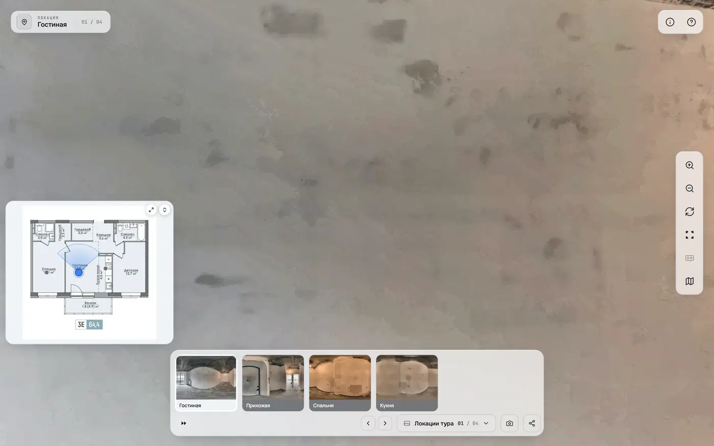 360°-тур в браузере: вверху название локации, справа вверху «Информация» и «?», справа кнопки вида, слева открыта мини-карта, внизу панель со сценами